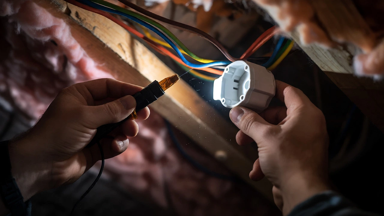 Hands using a voltage tester on ceiling fan wiring in a roof cavity