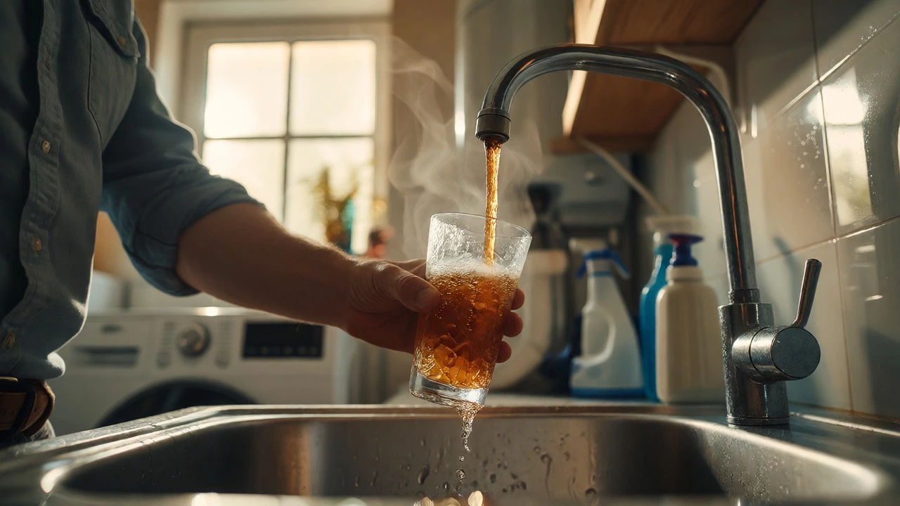Homeowner checking brown rusty water from a hot tap