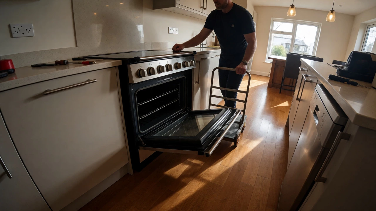 Man moving a heavy freestanding oven with an appliance dolly