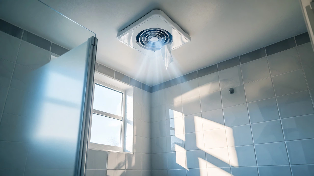 Newly installed white extractor fan in a bright modern bathroom