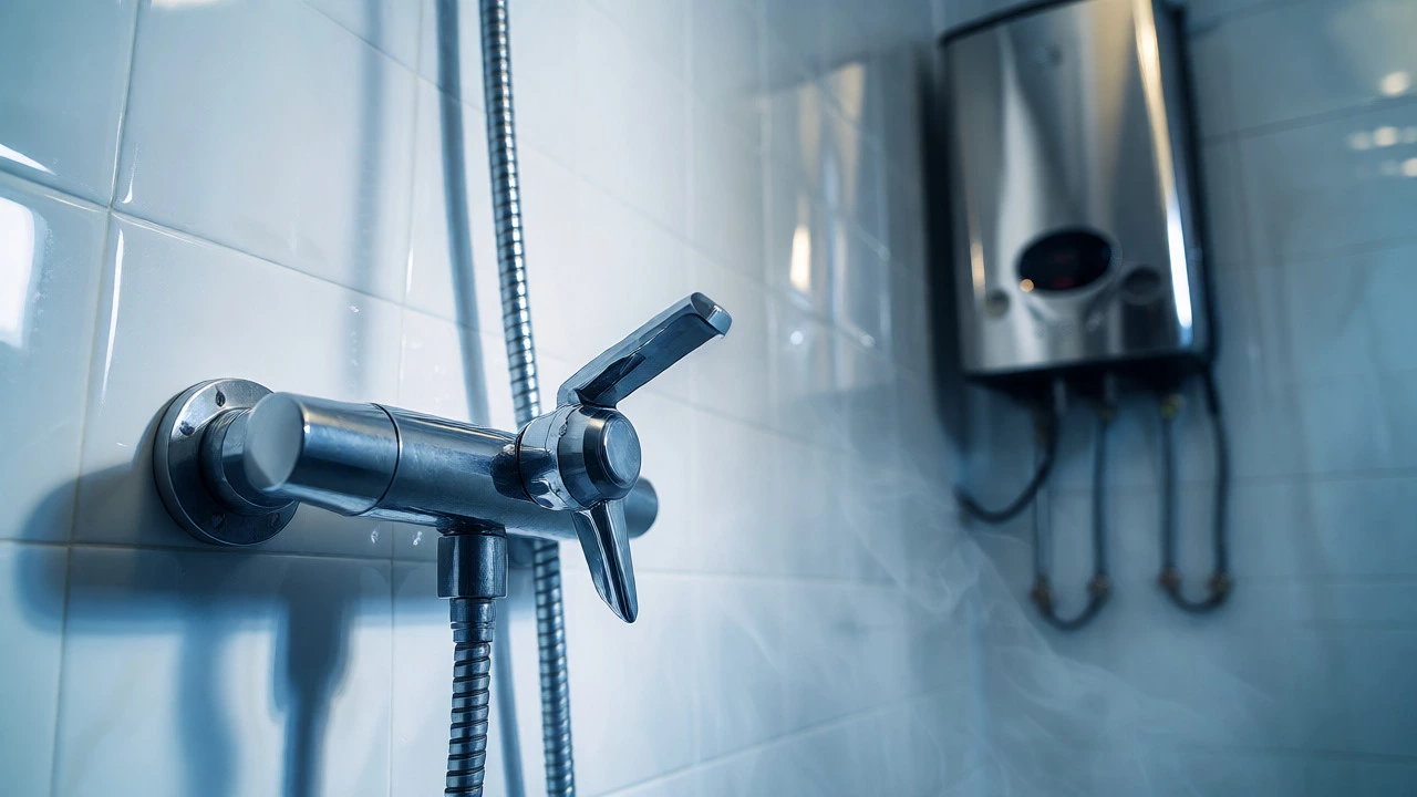 Shower mixer tap diverter valve with a gas water heater in the background.