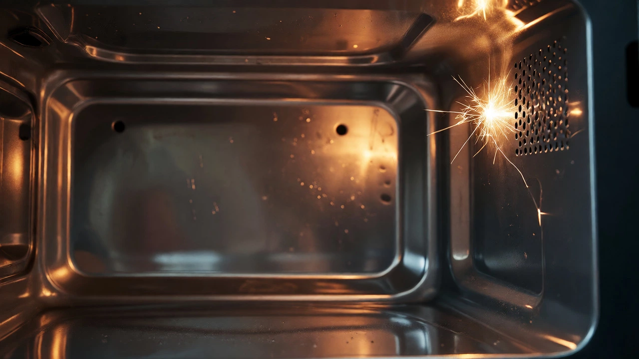 Sparks arcing inside a microwave oven near the waveguide cover