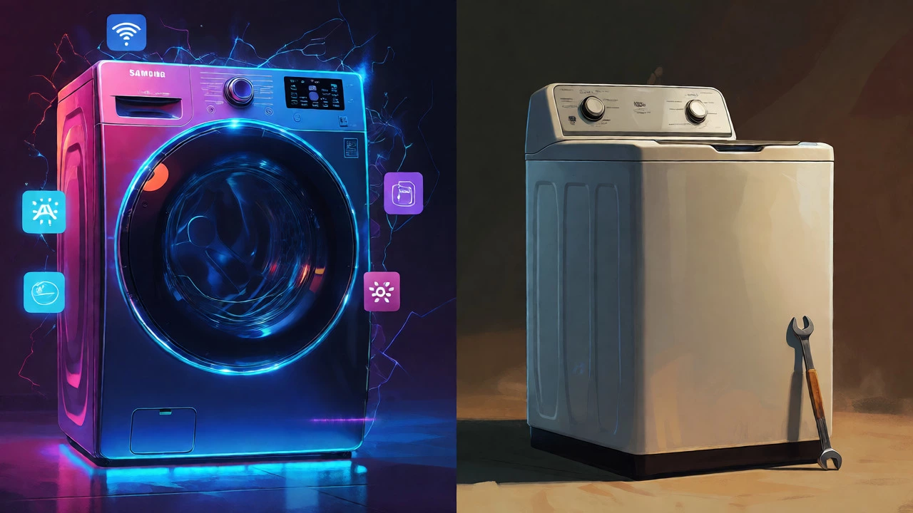 Split view comparing a high-tech glowing washer with a simple, reliable mechanical model.