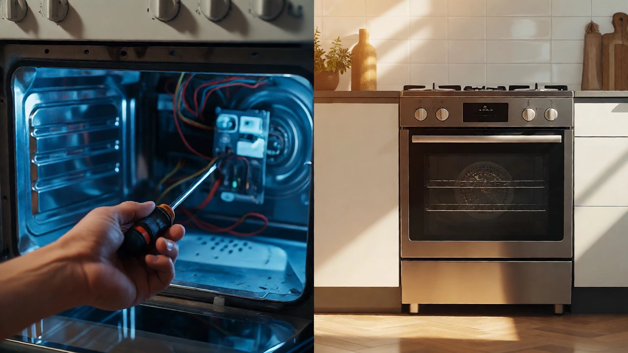 Split view comparing repairing an old oven vs replacing it