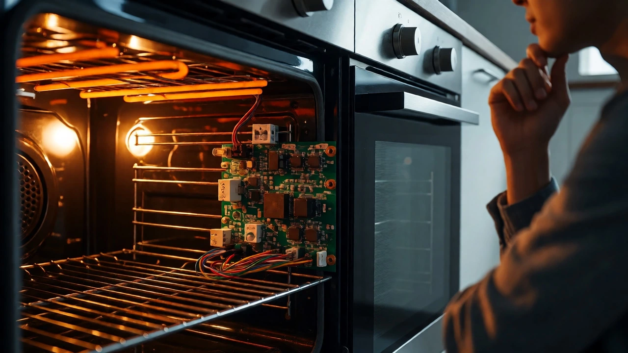 Split view showing oven internal heating elements and a person deciding on repair