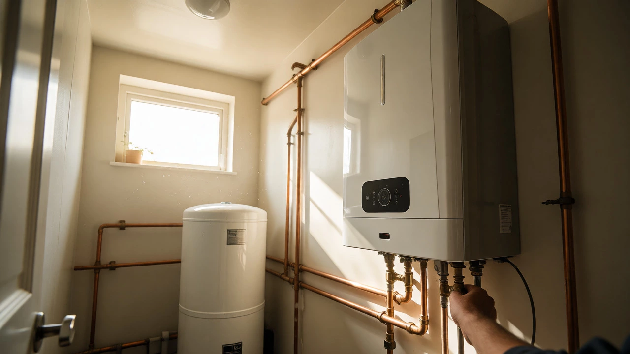 Tankless and tank water heaters in a bright utility room