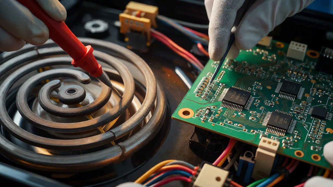 Technician inspecting internal components of an electric hob